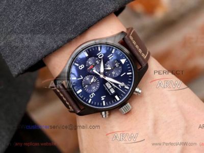 Perfect Replica IWC 44mm Pilot Black Steel Case Blue Dial Chronograph Watch